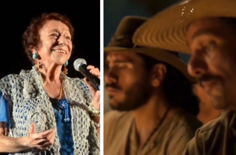 Delinha em montagem com Gabriel Sater e Guito cantando “Malvada” durante a novela “Pantanal” (Foto: Redes sociais/Reprodução/TV Globo)
